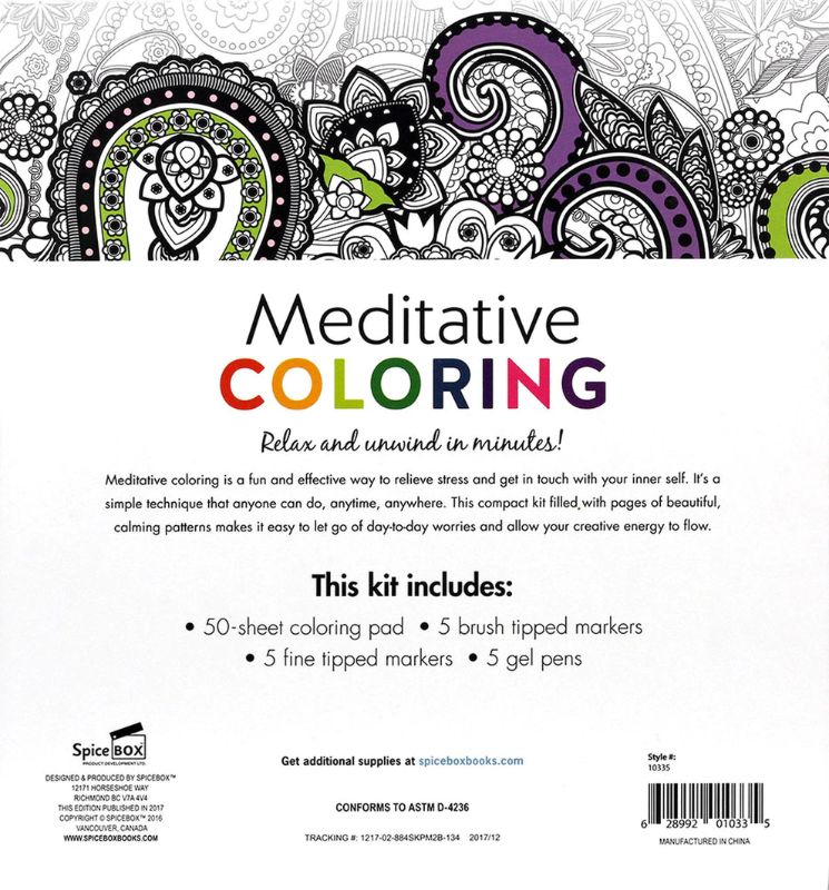 Colouring set with 15 vibrant pens and 50 calming sheets for relaxation and mindfulness by Spice Box.