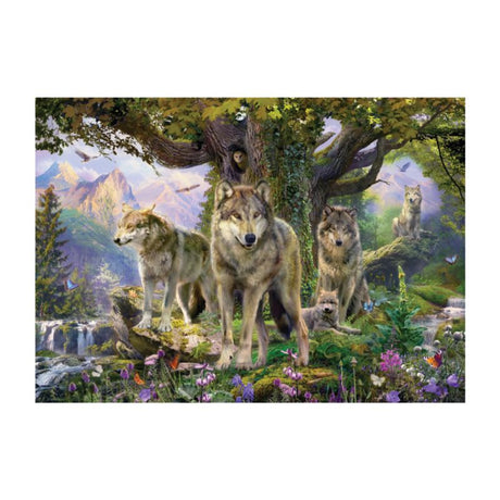 1000-piece puzzle featuring a captivating wolf pack in their natural habitat, perfect for nature lovers and puzzle enthusiasts.