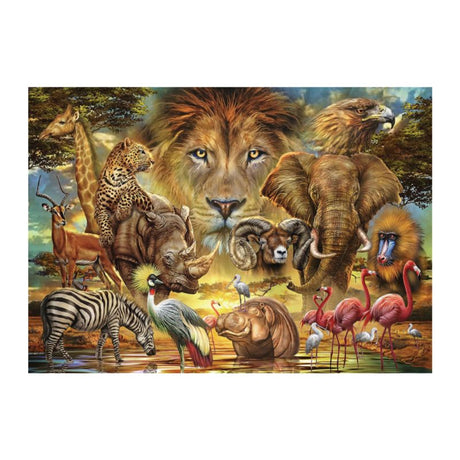 Vibrant 1000-piece jigsaw puzzle depicting African wildlife, featuring elephants and lions in a stunning savannah scene.