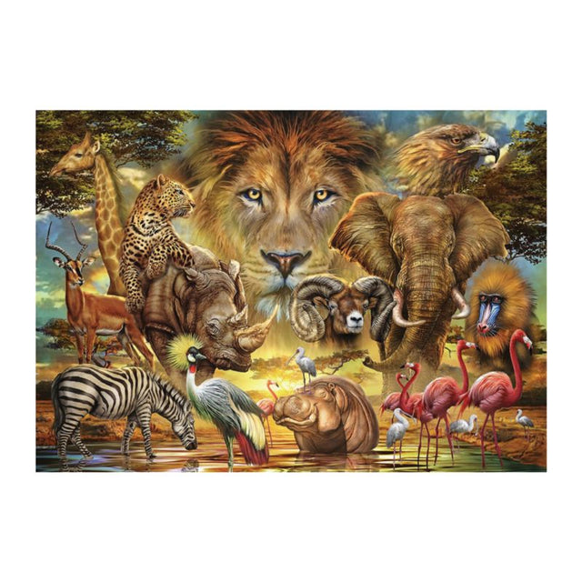 Vibrant 1000-piece jigsaw puzzle depicting African wildlife, featuring elephants and lions in a stunning savannah scene.