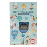 Colorful stopwatch set for kids with challenges, balloons, and a pencil, designed for fun and interactive time-based play.