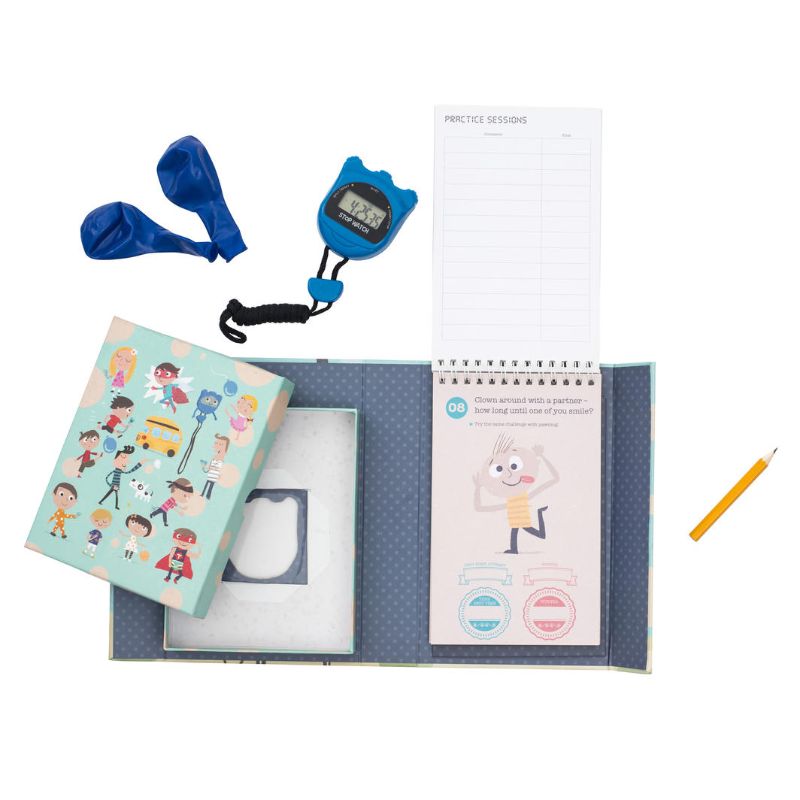 Colorful Beat the Clock Stopwatch Set by Tiger Tribe with stopwatch, challenge book, balloons, and storage box for fun time activities.