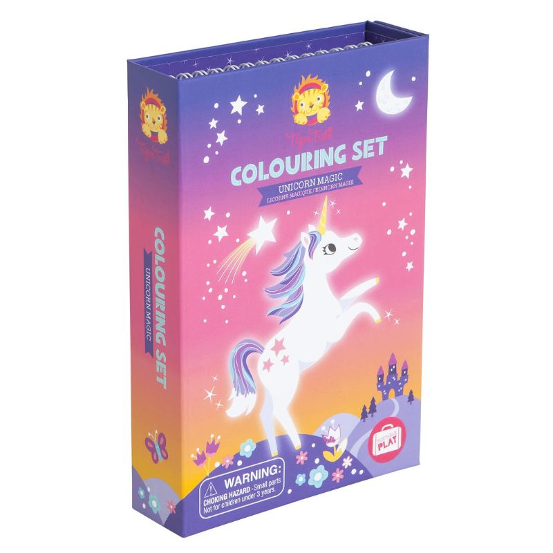 Colouring Set - Unicorn Magic by Tiger Tribe features 48 illustrated pages, 10 markers, and stickers for creative fun on-the-go.