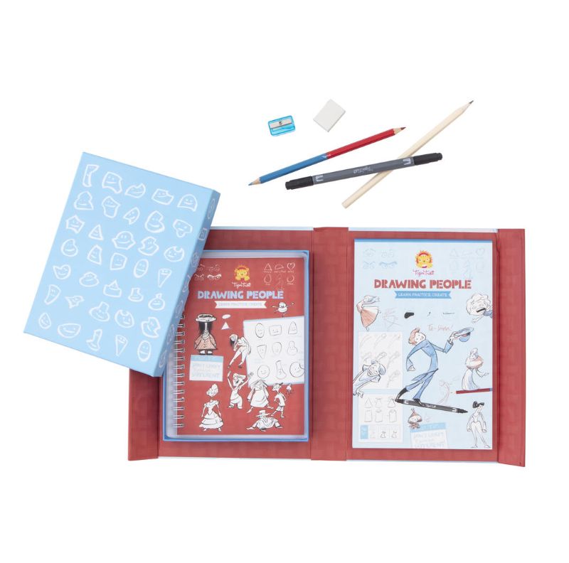 Art set for kids featuring a 40-page drawing pad, fineliner pen, guide, and tools for mastering figure drawing.