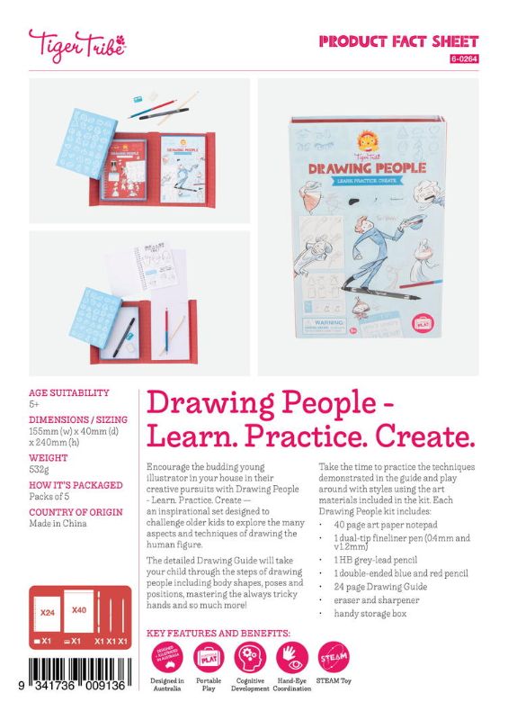 Art set for kids aged 5+, featuring a 40-page pad, dual-tip fineliner, and a 24-page drawing guide for mastering figure drawing.