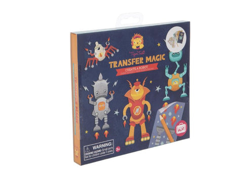 Crafting set featuring robot design with vibrant transfer sheets, mess-free application, perfect for kids aged 3 and up.