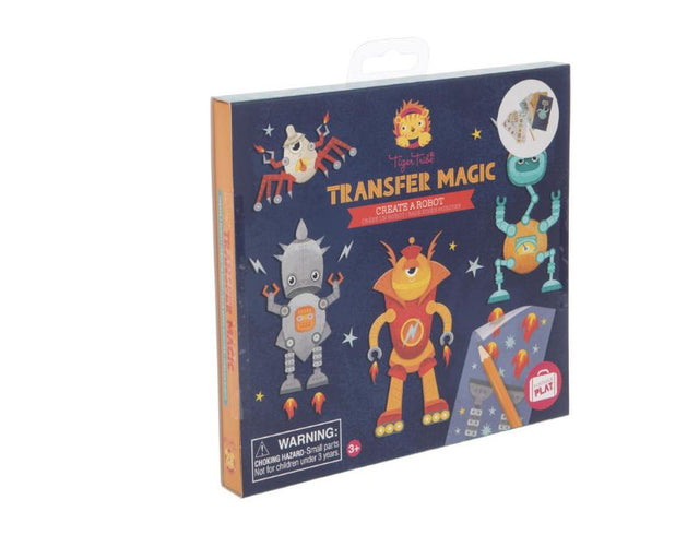 Crafting set featuring robot design with vibrant transfer sheets, mess-free application, perfect for kids aged 3 and up.
