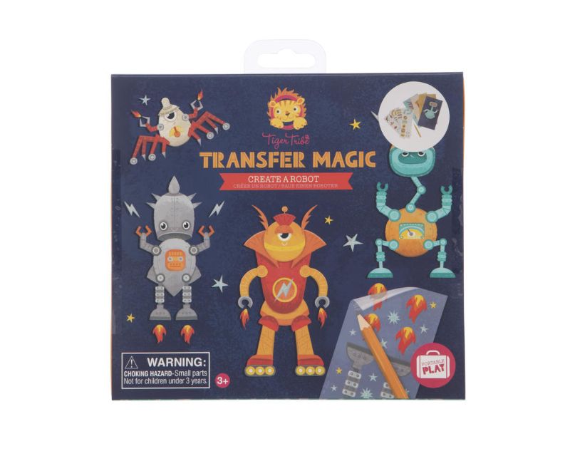 Kids crafting set featuring mess-free robot designs with transfer sheets, cards, and rubbing pencil for creative play.