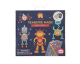Kids crafting set featuring mess-free robot designs with transfer sheets, cards, and rubbing pencil for creative play.