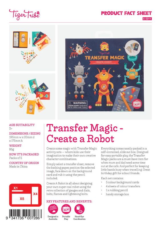 Colorful crafting set for kids to design unique robots using mess-free transfer sheets and pencils. Ideal for travel and play.