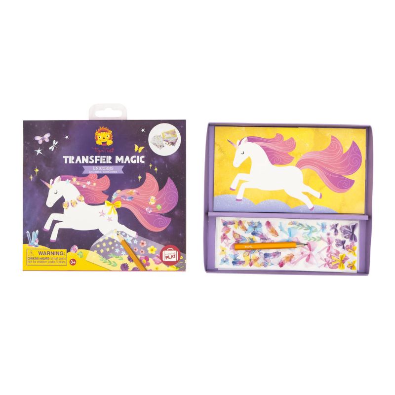 Colorful Transfer Magic Unicorn activity set featuring unicorn designs and mess-free crafting tools for kids aged 3+.