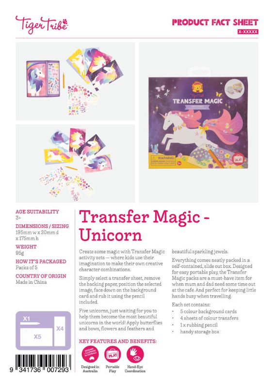 Activity Set featuring colorful unicorn designs, vibrant transfer sheets, and tools for creative, mess-free crafting fun for kids.