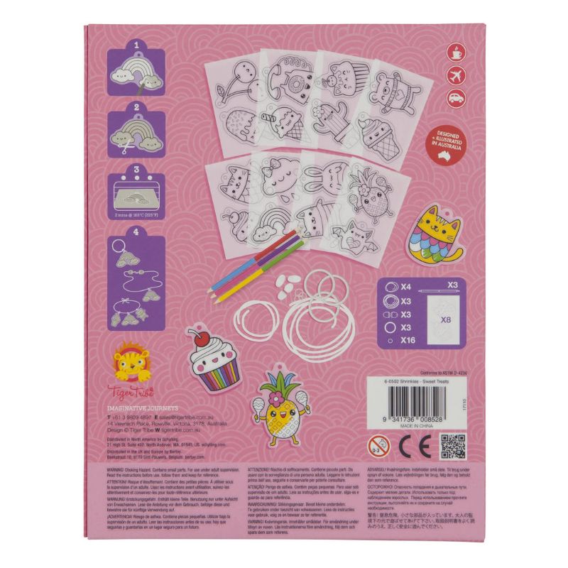 Colorful Shrinkies Sweet Treats activity set with illustrated designs, colored pencils, and accessories for crafting unique jewelry.