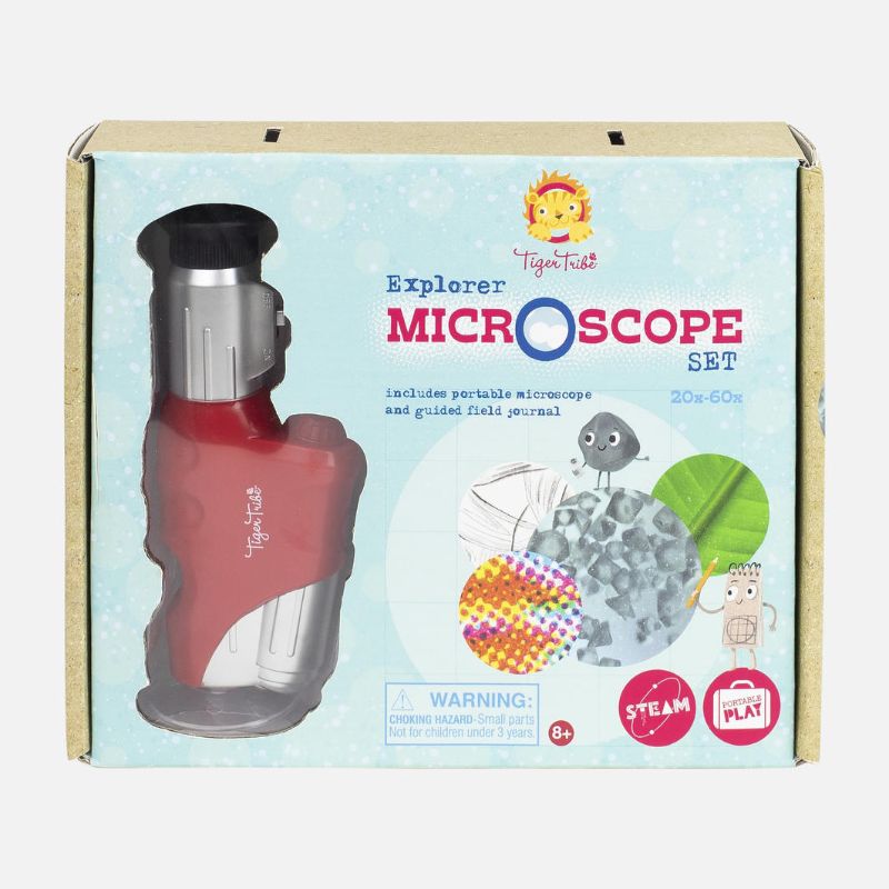 Explorer Microscope Set by Tiger Tribe featuring adjustable 20x and 60x magnification, LED light, and guided field journal for kids.