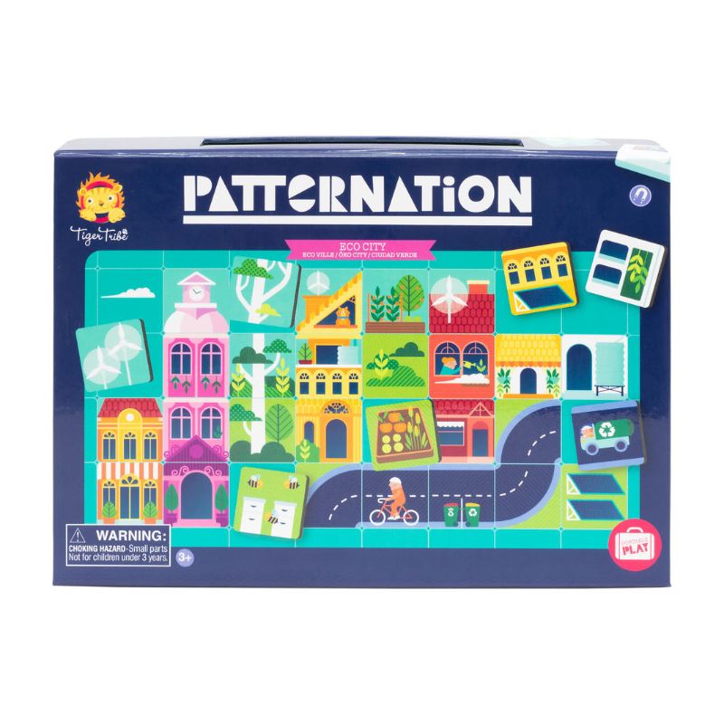 Colorful magnetic tiles and Eco-City templates in a portable case, inspiring kids to design sustainable urban layouts.