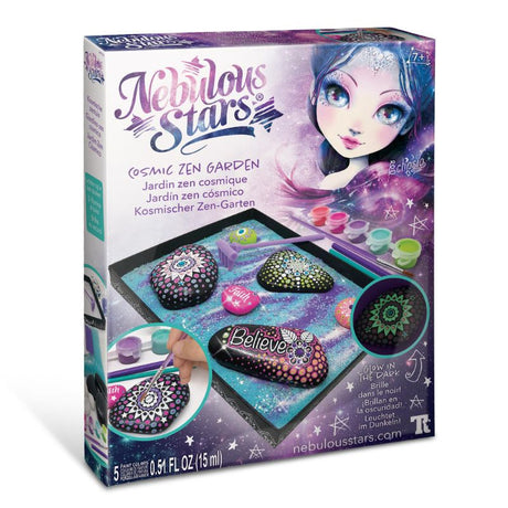 Cosmic Zen Garden Kit featuring a stylish tray, mini rake, stones, and vibrant paints for creating galaxy-inspired landscapes.