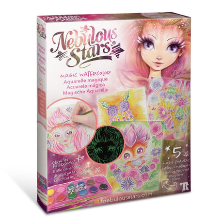 Magic Watercolor Art Set - Petulia with 5 glow-in-the-dark canvases, 12 vibrant paints, and brushes for creative fun.