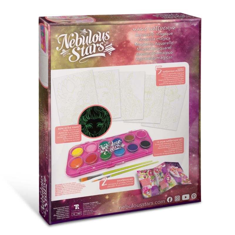 Colorful watercolor art set featuring 5 glow-in-the-dark canvases and 12 vibrant paints for creative children aged 7 and up.