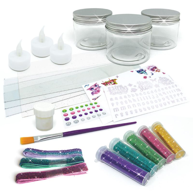 DIY Night Light Jars Kit by Hazelia with 3 jars, flameless candles, stickers, and glitter for creating starry decorative lanterns.