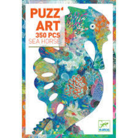 Colorful 350-piece Djeco puzzle featuring a unique sea horse silhouette and vibrant marine life, perfect for ages 7 and up.