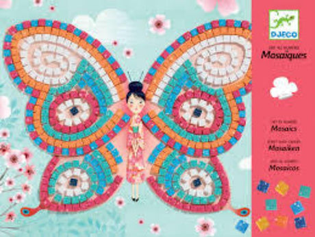 Colorful Djeco Mosaics Kit featuring two butterfly templates for kids aged 4-8, promoting creativity with self-adhesive foam tiles.