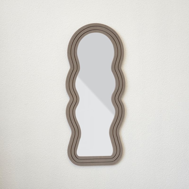 Elegant wavey grey arch mirror (71cm), made of durable Valchromat, perfect for enhancing modern home decor.