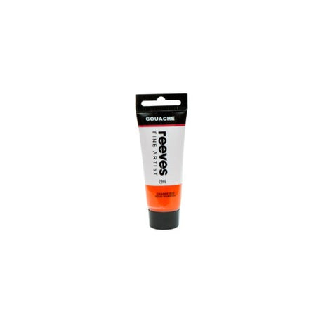 Reeves Fine Artist Gouache in Orange Red, 22ml tube, offers vibrant color, superior opacity, and versatile mixing for vivid artwork.