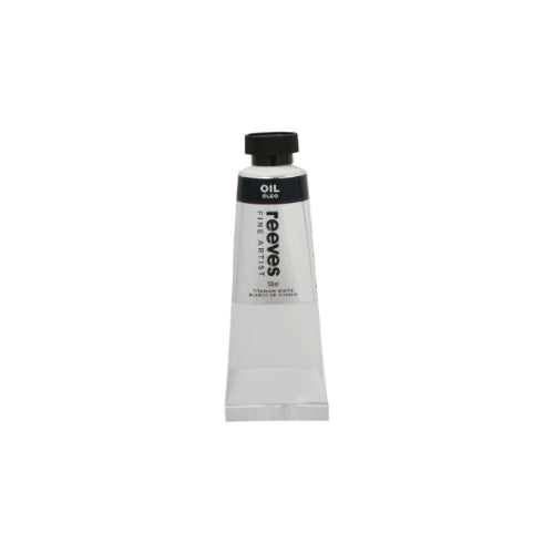 Reeves Fine Artists Oil 50ml Titanium White paint tube, featuring smooth texture and high opacity for vibrant artwork.