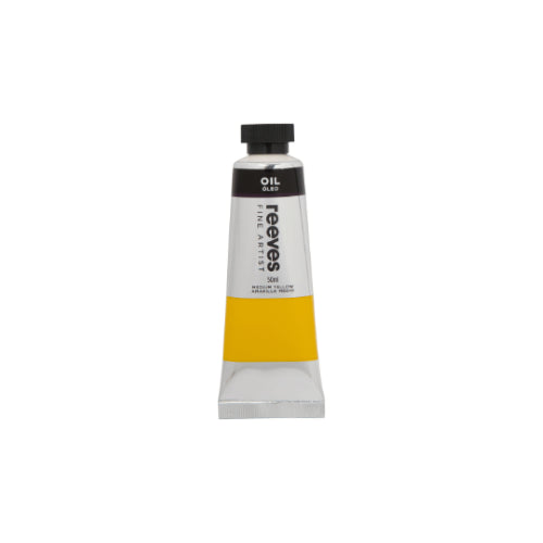 Reeves Fine Artists Oil 50ml Medium Yellow, featuring smooth texture, vibrant pigmentation, and long drying time for versatile painting.