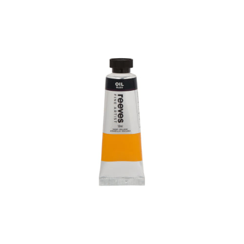 Reeves Fine Artists Oil 50ml Deep Yellow, highly pigmented water-based paint with smooth texture for vibrant artwork.