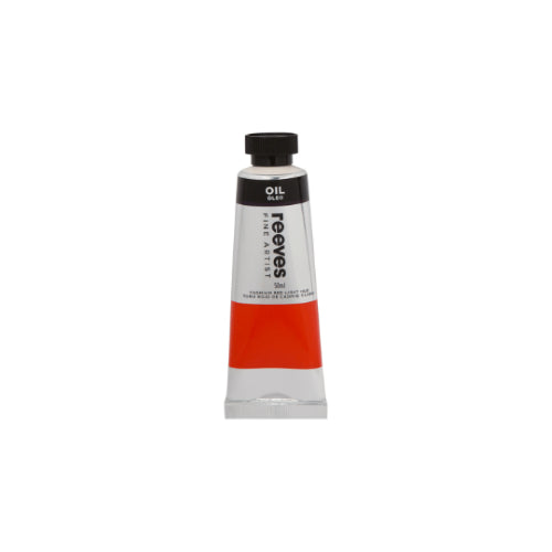 Reeves 50ml Cadmium Red Light Hue oil paint, vibrant, highly pigmented, smooth texture, non-toxic, ideal for blending and glazing.