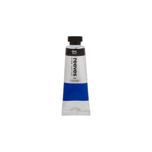 Vibrant 50ml ultramarine oil paint by Reeves, featuring smooth texture, high pigmentation, and long drying time for artists.