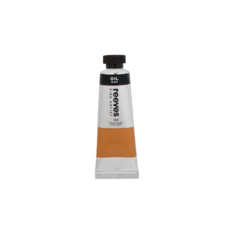 Bottle of Reeves Fine Artists Oil 50ml in Gold Ochre, showcasing its rich pigment and smooth texture for vibrant artwork.