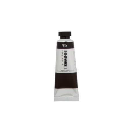 Reeves Fine Artists Oil Paint in Burnt Umber, 50ml; non-toxic, richly pigmented, perfect for blending and glazing techniques.