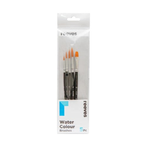 Reeves Watercolour Brushes Golden Synthetic Short Set of 5, featuring durable synthetic fibers for versatile watercolor techniques.