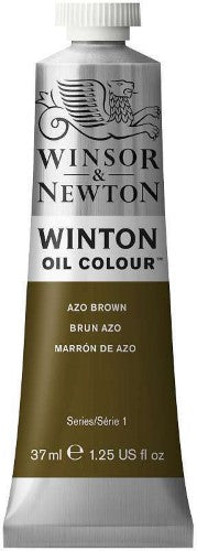 Azo Brown oil paint by Winsor & Newton in a 37ml tube, featuring rich pigment, high lightfastness, and excellent consistency.