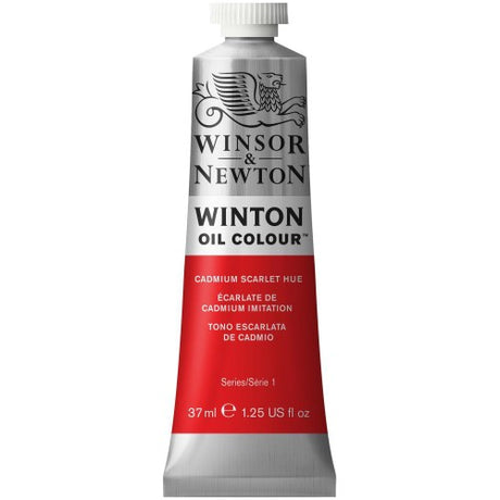 Vibrant 37ml tube of Winsor & Newton Cad Scarlet Hue 107 oil paint, showcasing rich pigmentation for artists.