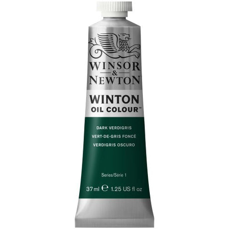 Winsor & Newton Winton Oil 37ml in Dark Verdigris 405, a vibrant, lightfast paint ideal for artists seeking durability and rich coverage.