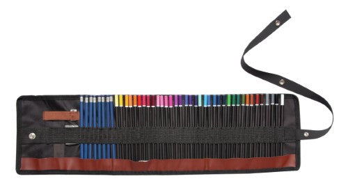 Art Vibe Pencil Wrap Set of 48 featuring vibrant colored pencils, sketching pencils, and essential tools in a stylish organizer.