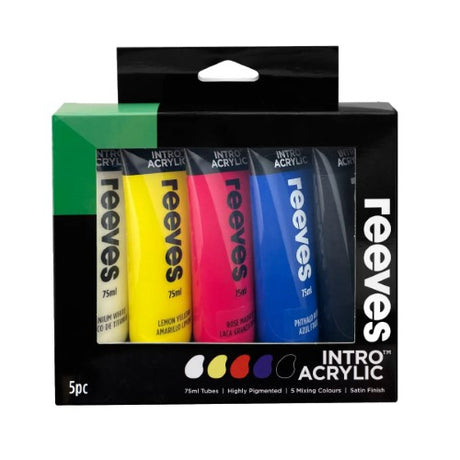 Reeves Intro Acrylic Paint set of 5, featuring vibrant colors and quick-drying, excellent for various surfaces and artistic techniques.