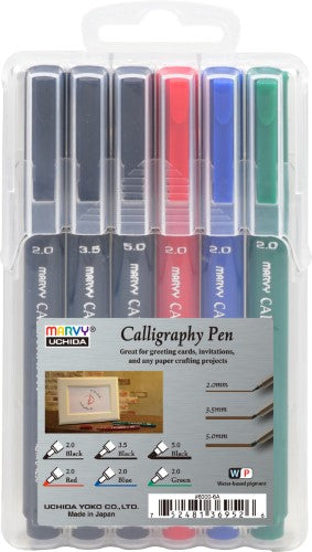Marvy Calligraphy Pens Set of 6 featuring vibrant colors and three point sizes for elegant lettering and creative projects.