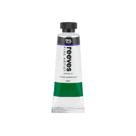 Vibrant Reeves Cobalt Emerald oil paint in a 50ml tube, perfect for blending and creating vivid, high-quality artworks.