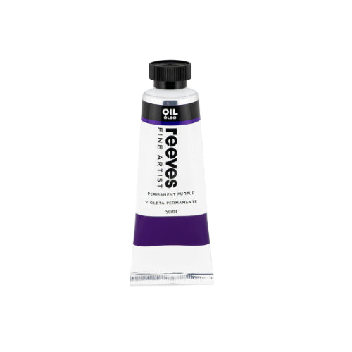 Vibrant 50ml Reeves Fine Artists Oil paint in Permanent Purple, ideal for blending and glazing, with a smooth, buttery texture.