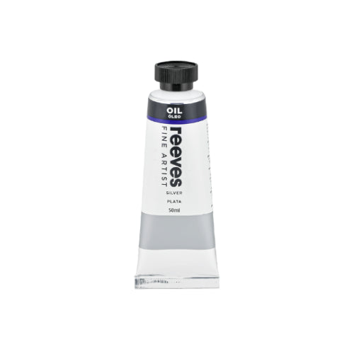 Reeves Fine Artists Oil in 50ml Silver, a non-toxic, water-based paint with rich pigment for vibrant, smooth artwork.