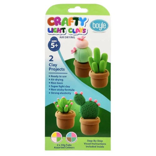 Boyle Crafty Clays Kit with 2 x 30g non-toxic air-drying clay for creating succulent decor and fun DIY projects.