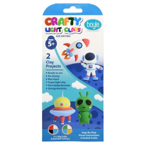 Boyle Crafty Clays Kit featuring 2 packs of lightweight air-drying clay for creative outer space-themed projects.