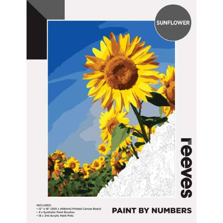 Reeves Paint By Numbers kit featuring a vibrant 12x16 inch sunflower design, complete with brushes and paints for creative fun.