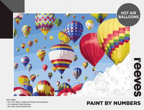 Reeves Paint By Numbers kit featuring 12x16 inch hot air balloon canvas, brushes, vibrant paints, and detailed instructions.