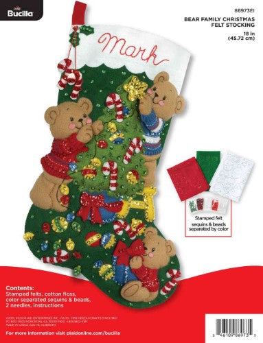 Bucilla 18" applique stocking kit featuring three bears decorating a Christmas tree, perfect for holiday traditions and gifts.