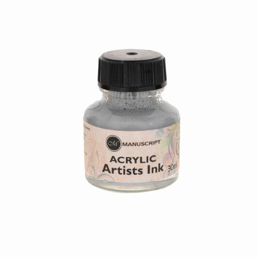 Manuscript Acr Artists Ink Silver MPD050 in a 30ml bottle, water-resistant and pigmented for vibrant art and calligraphy.